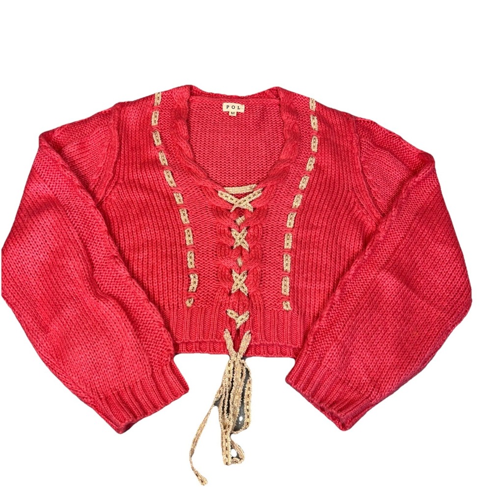 POL Pink V Neck Cable Knit Pullover Cropped Sweater‎ Lace Up Size Medium Boho